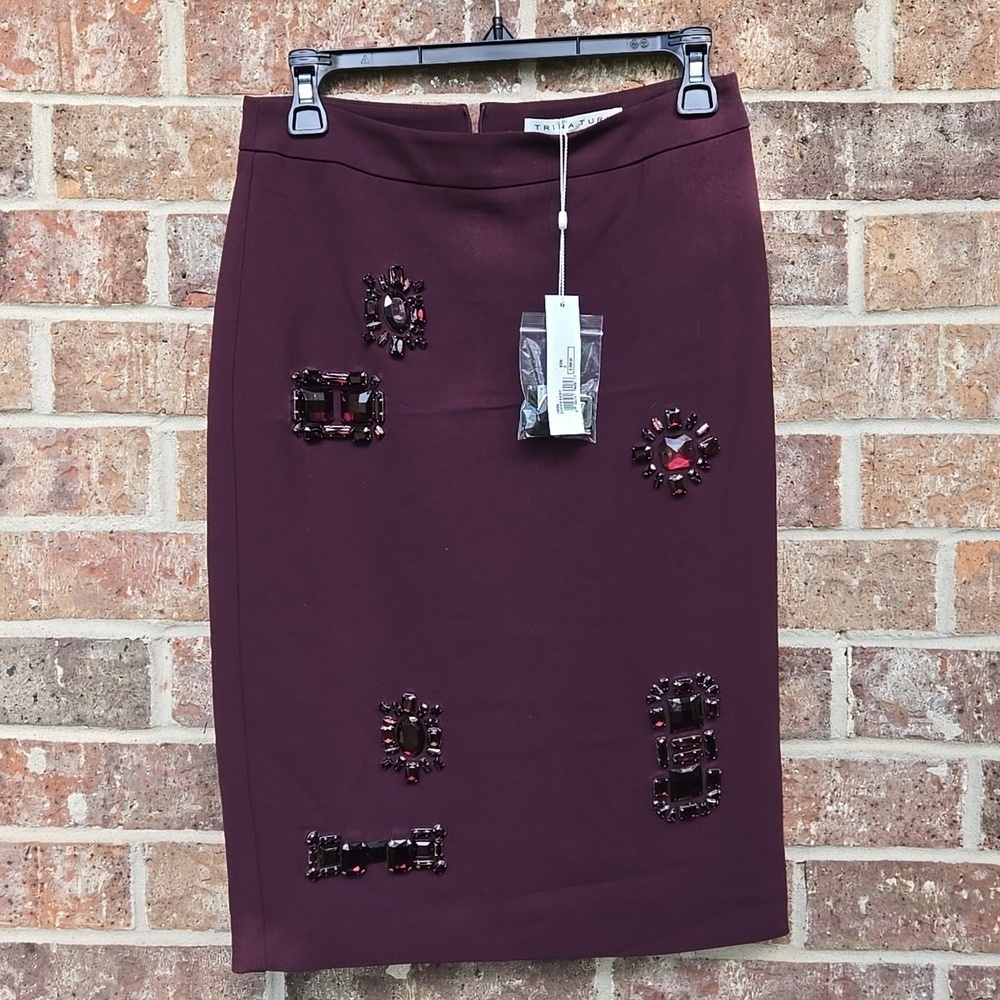 Trina Turk Embellished Jewel Dorris Knit Pencil Skirt Sz 0 Solid Burgundy Nwt